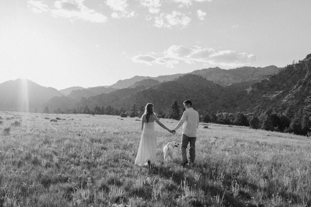 Couple walking with dog during engagement session at Poudre Canyon