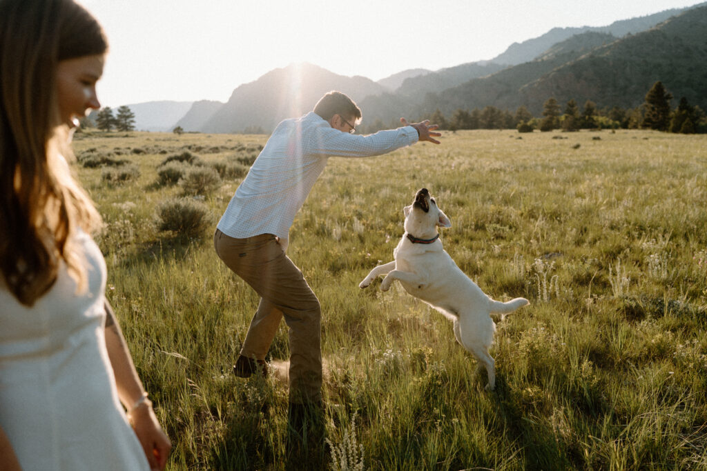 Fiancé playing with dog during engagement session at Poudre Canyon