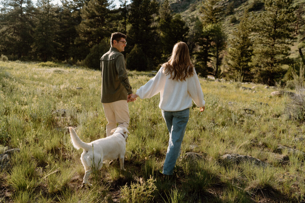 Couple holding hands in a field with their dog during engagement session at Poudre Canyon