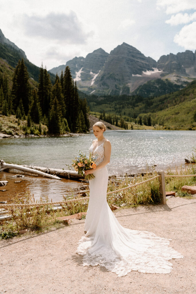 Bride smiling during an elopement at Maroon Bells