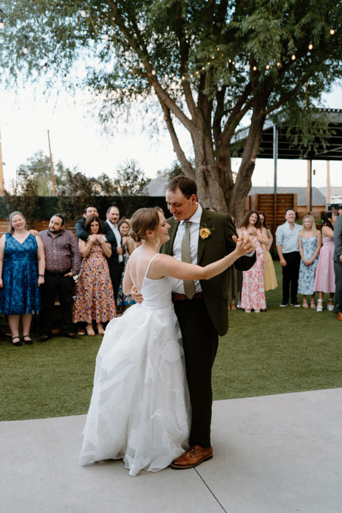 Bride and groom having first dance on wedding day at Mountain Crust
