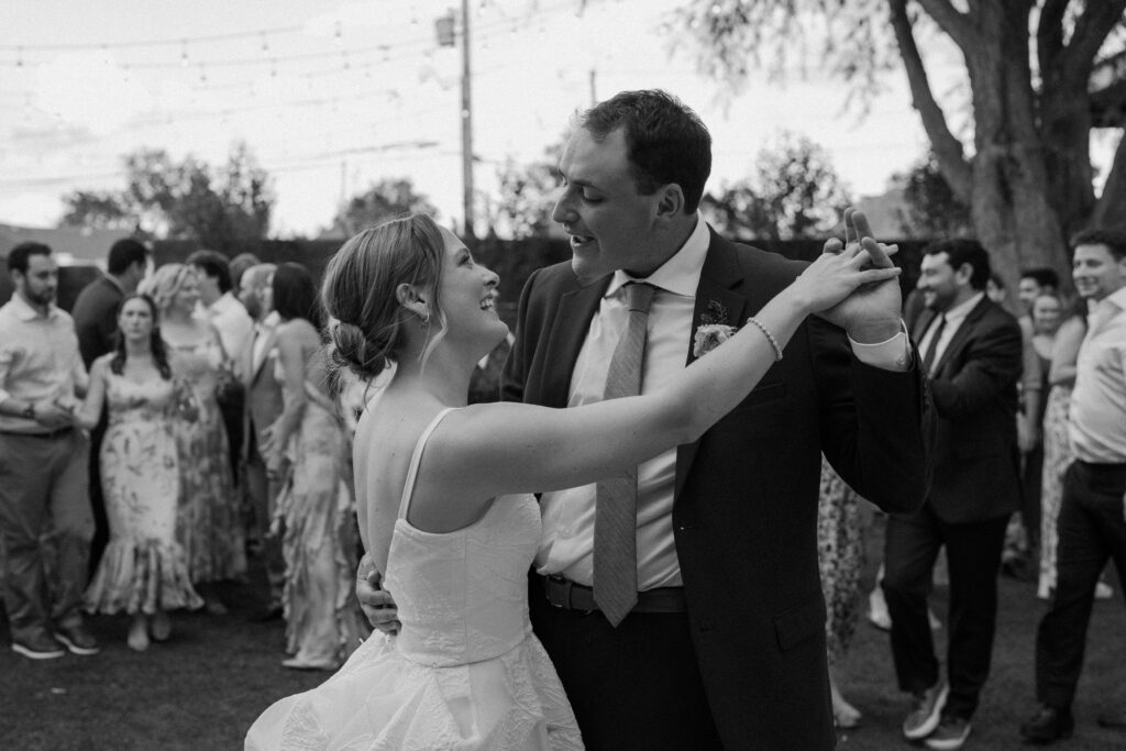 Bride and groom dancing on wedding day at Mountain Crust