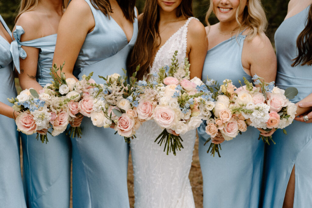 Bridal party's bouquets from a wedding at Woodlands