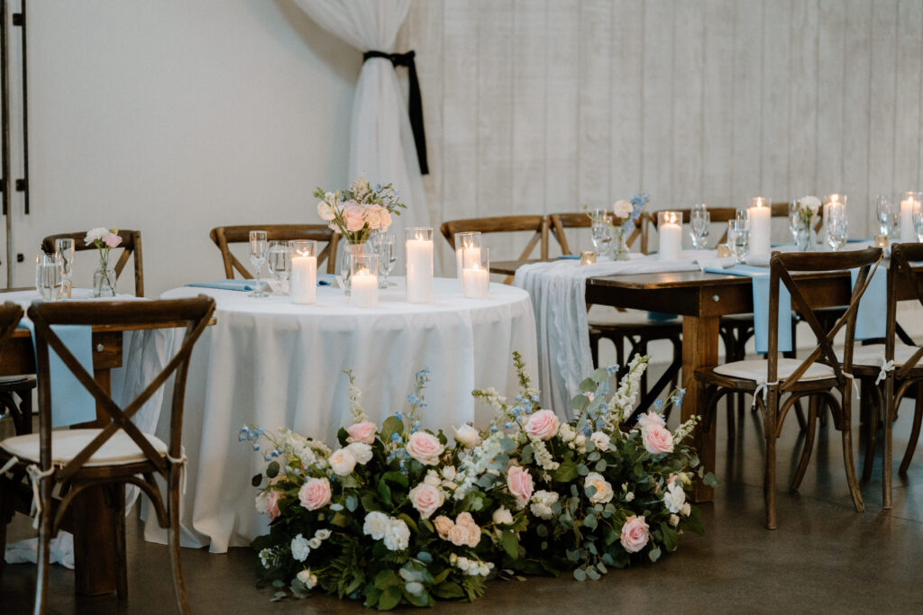 Reception decor at Woodlands on wedding day