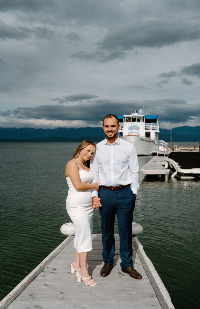 Bride and groom smiling during rehearsal dinner in Montana