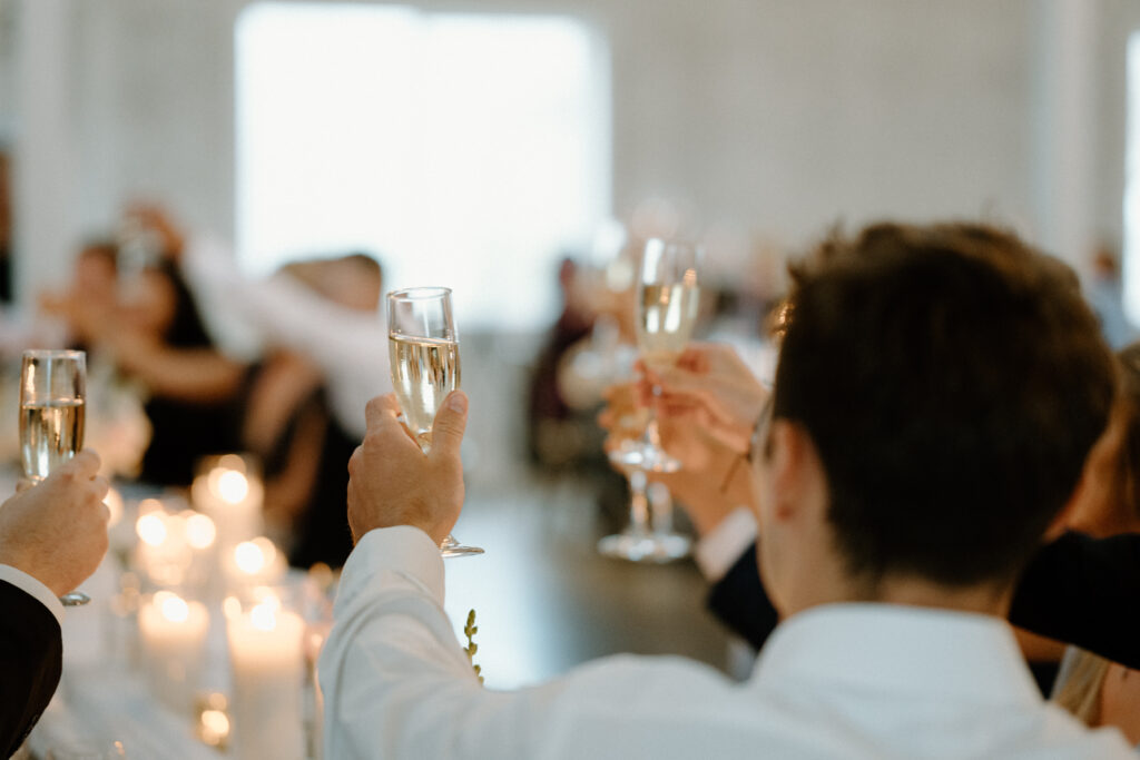 Wedding guests cheering during toasts on wedding day at Woodlands