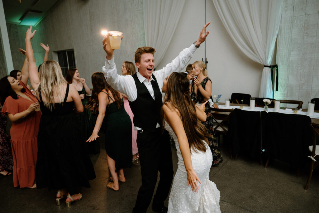 Bride and groom dancing on wedding day at Woodlands
